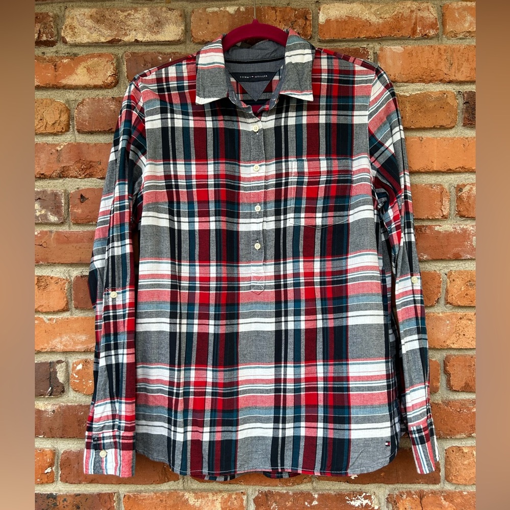 Tommy Hilfiger Womens Plaid Popover Blouse M